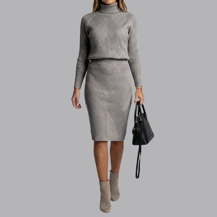 Women’s Ribbed Knit Jumper Skirt Set Roll Neck Two Piece Set