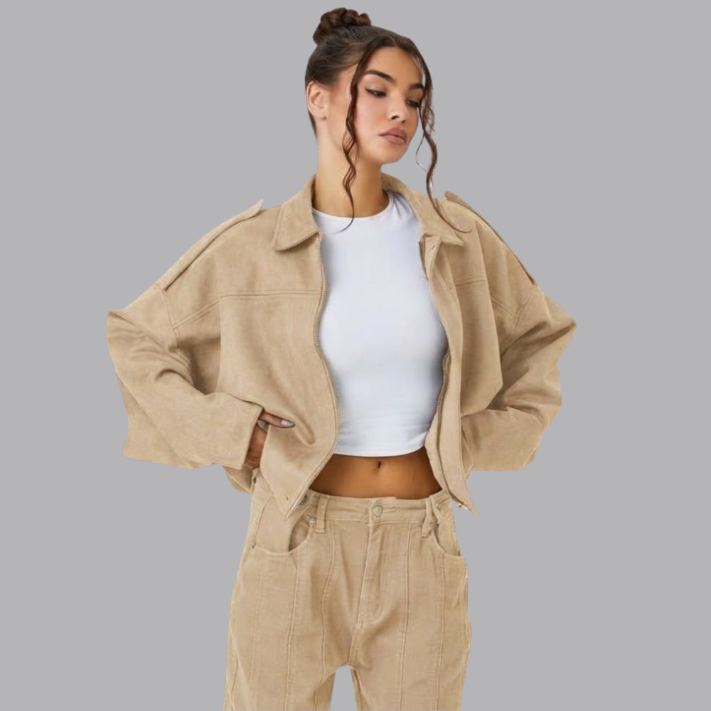 Women’s Oversized Cropped Suede Look Jacket Collared Long Sleeve