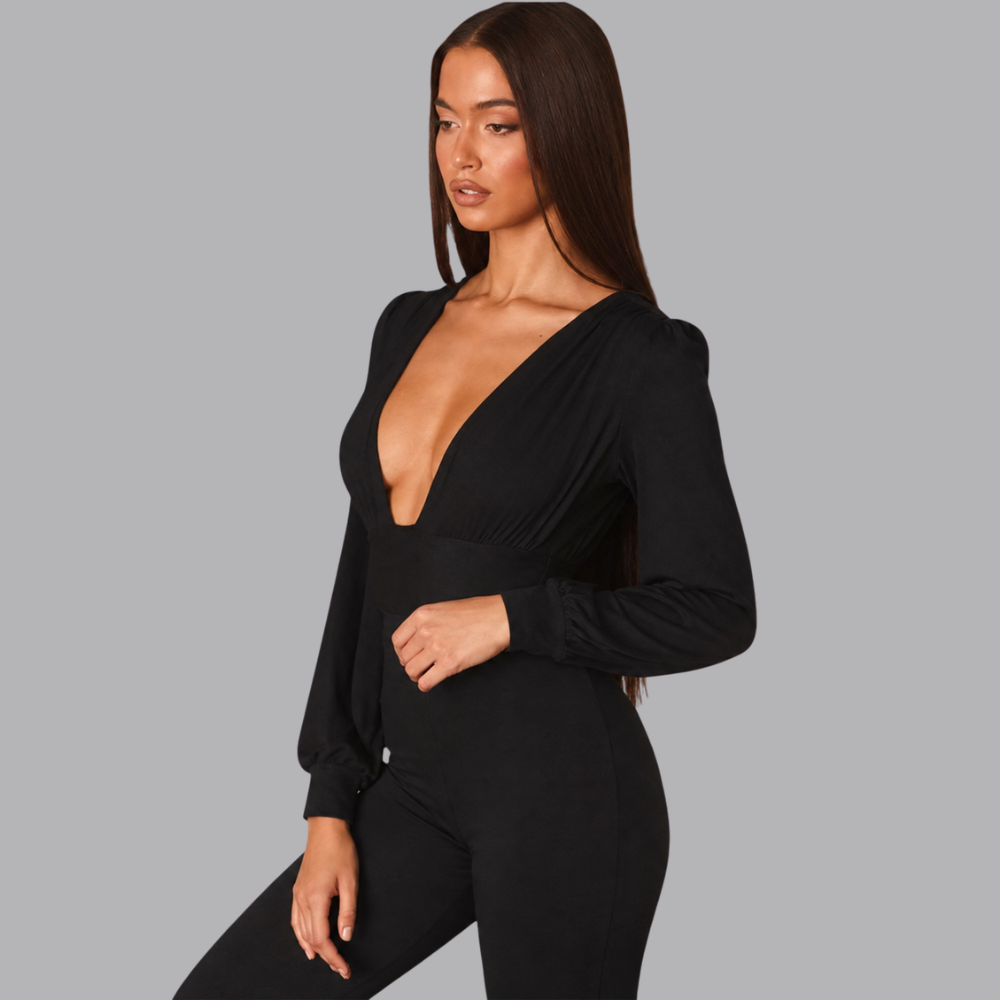 Women’s Deep V Neck Bodysuit Blouse Long Sleeve Ruched Waist
