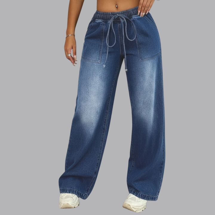 Women’s Wide Leg Jeans Elastic Waist Drawstring Denim Pants