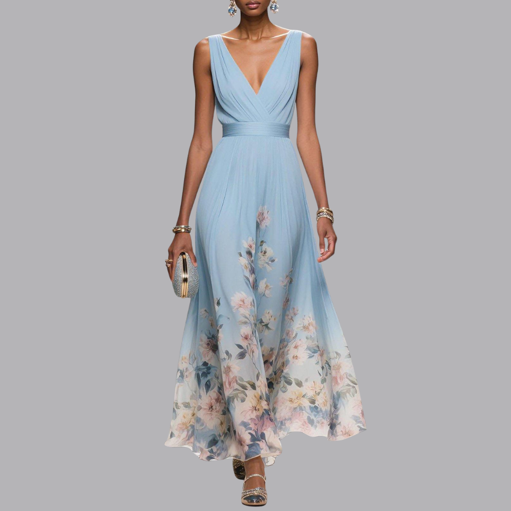 Women’s Floral Wedding Guest Dress Sleeveless V Neck