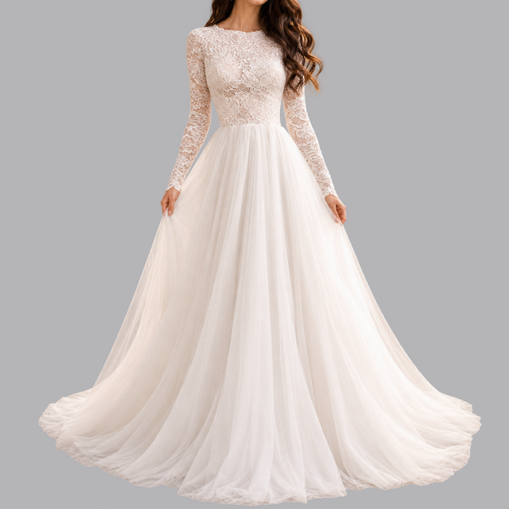 Women’s White Lace Long Sleeve Tulle Wedding Dress