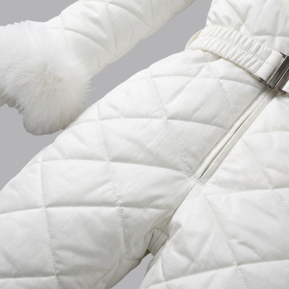 Women’s Quilted Ski Suit Faux Fur Hood Belted One Piece