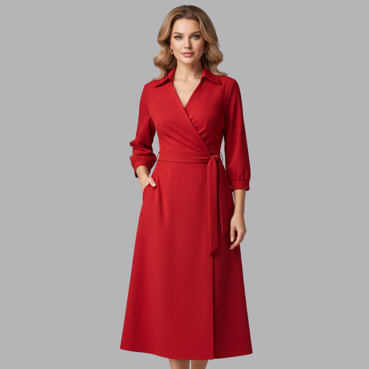 Women’s Long Sleeve Wrap Midi Dress Tie Waist