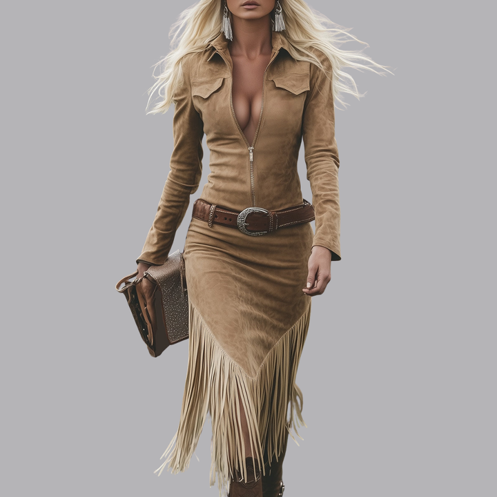 Women’s Suede Fringe Midi Dress Long Sleeve Western Style