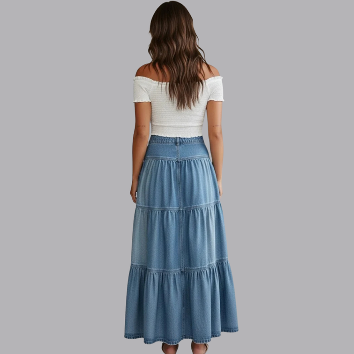 Women’s Blue Denim Tiered Maxi Skirt Button Front