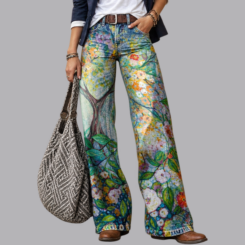Women’s Printed Wide Leg Jeans High Rise Casual Denim Trousers