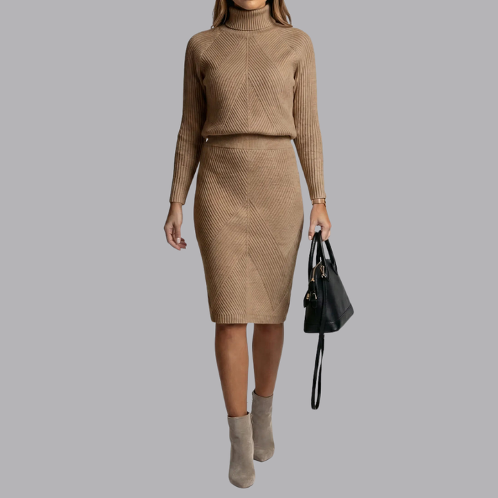 Women’s Ribbed Knit Jumper Skirt Set Roll Neck Two Piece Set