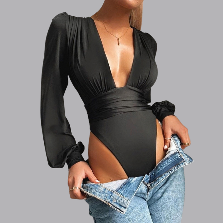 Women’s Deep V Neck Bodysuit Blouse Long Sleeve Ruched Waist