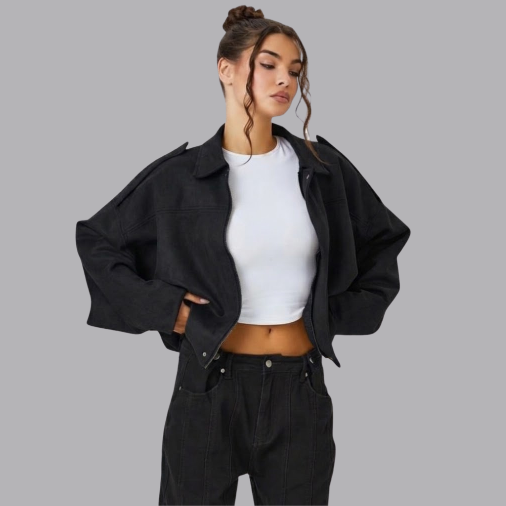 Women’s Oversized Cropped Suede Look Jacket Collared Long Sleeve