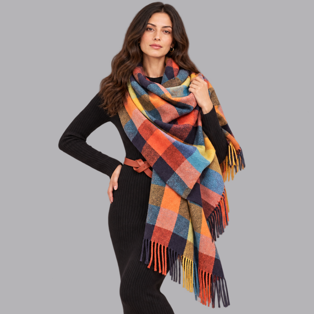 Women’s Checked Blanket Scarf Tassel Fringe Winter Wrap