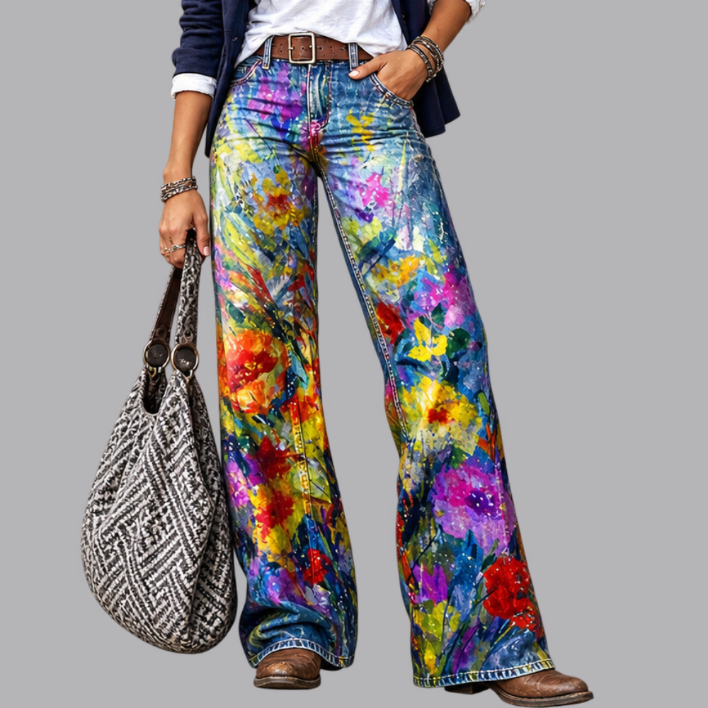 Women’s Printed Wide Leg Jeans High Rise Casual Denim Trousers