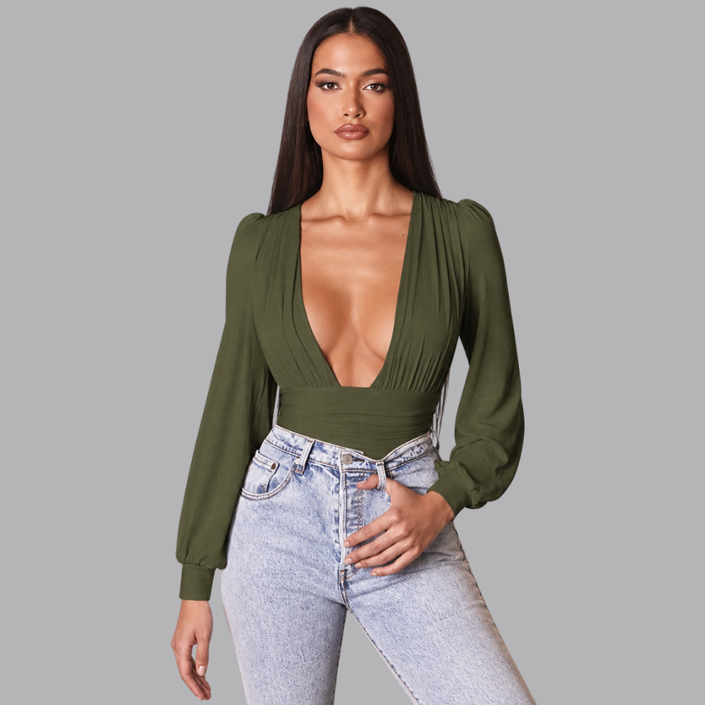 Women’s Deep V Neck Bodysuit Blouse Long Sleeve Ruched Waist