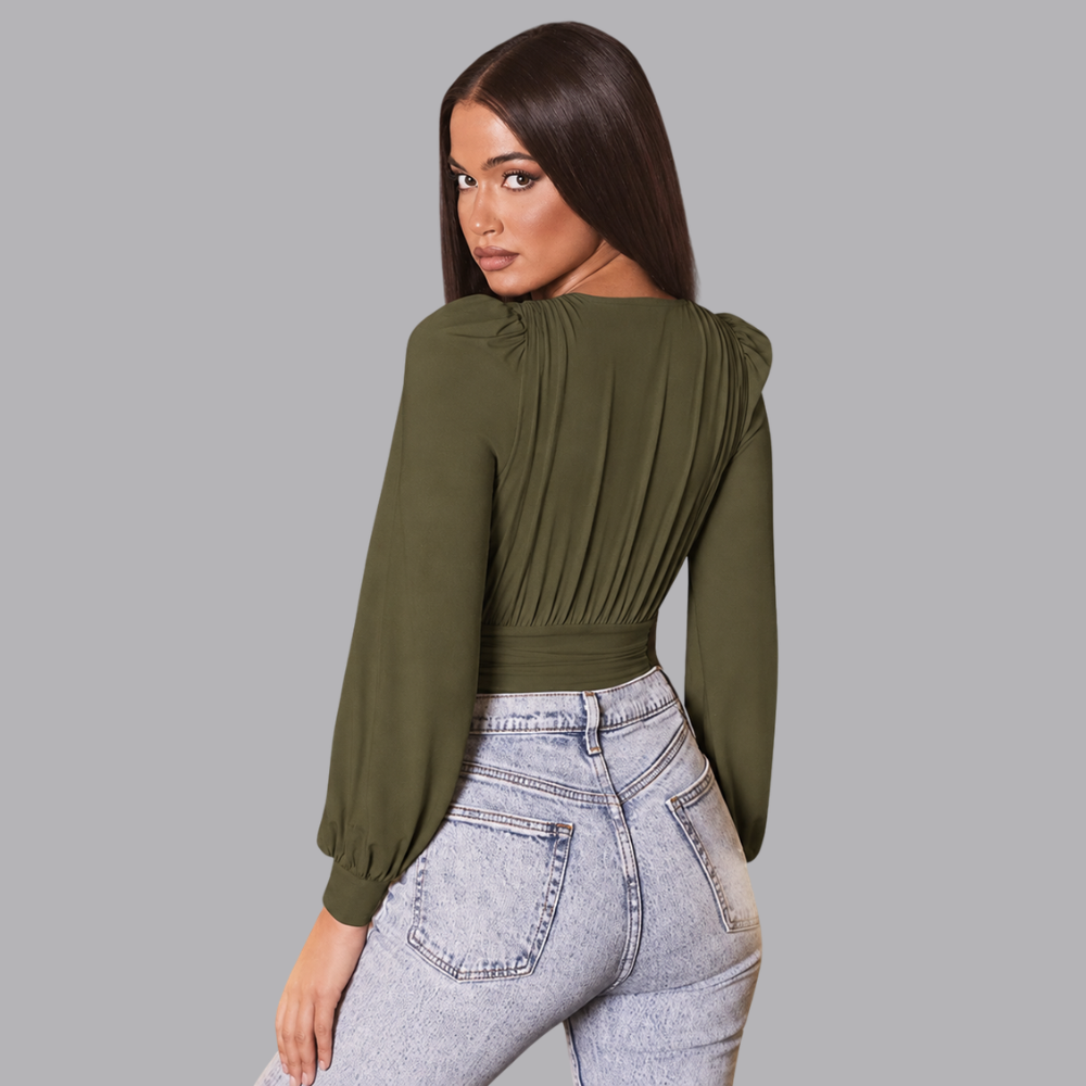 Women’s Deep V Neck Bodysuit Blouse Long Sleeve Ruched Waist