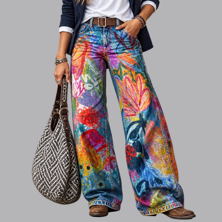 Women’s Printed Wide Leg Jeans High Rise Casual Denim Trousers