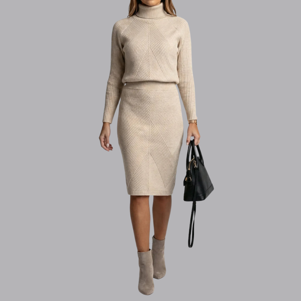 Women’s Ribbed Knit Jumper Skirt Set Roll Neck Two Piece Set