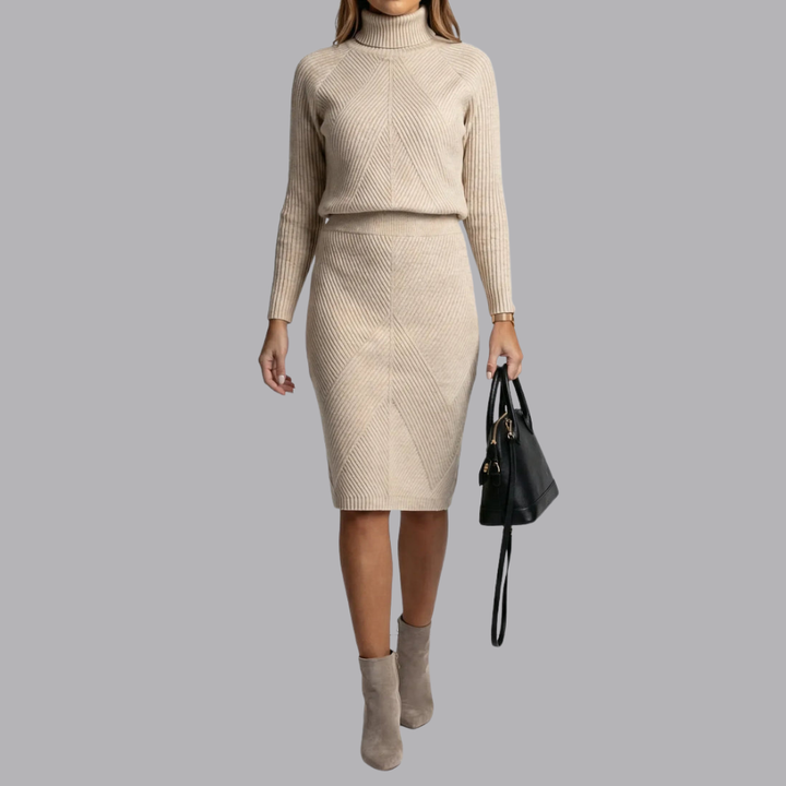 Women’s Ribbed Knit Jumper Skirt Set Roll Neck Two Piece Set