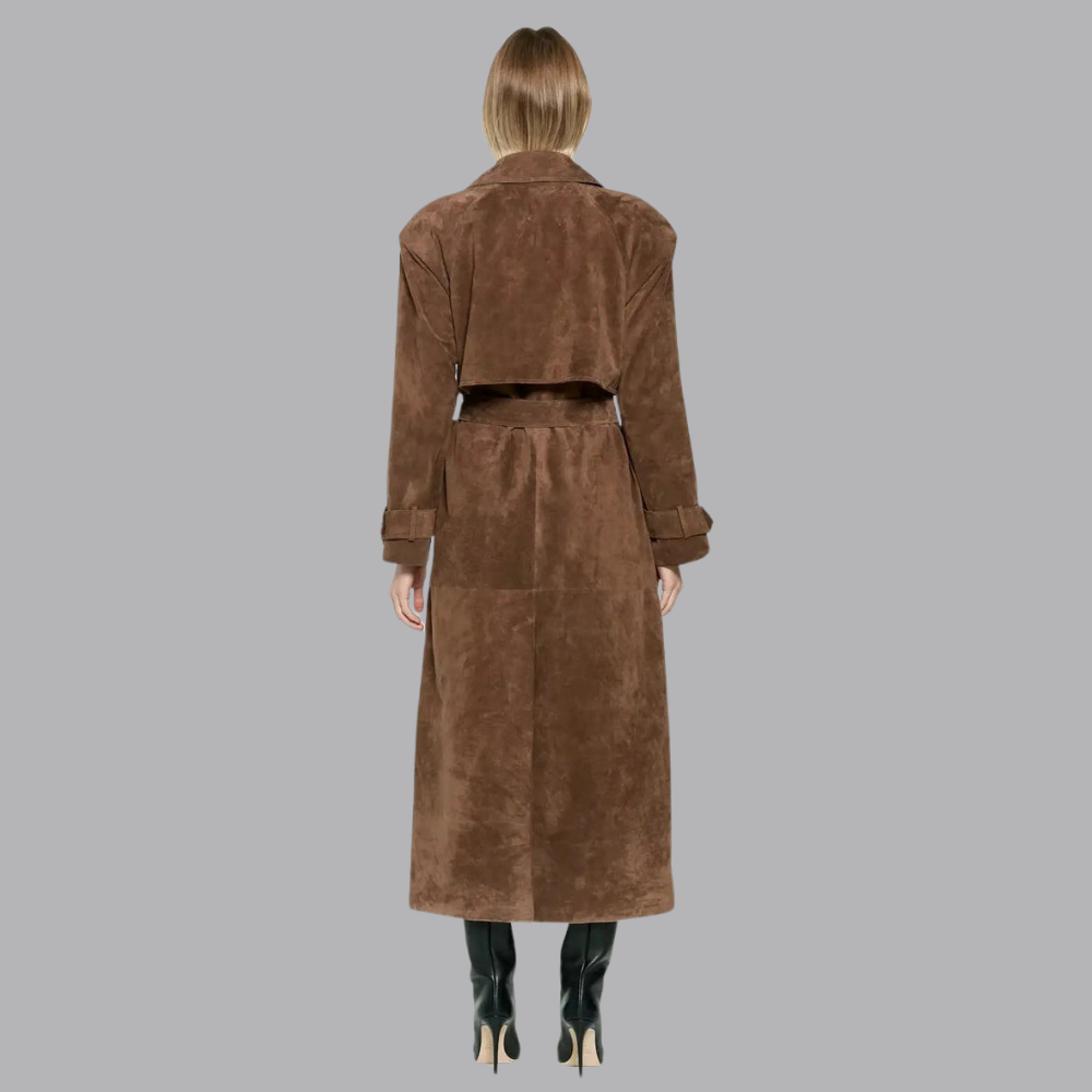 Women’s Suede Trench Coat Double Breasted Belted Longline