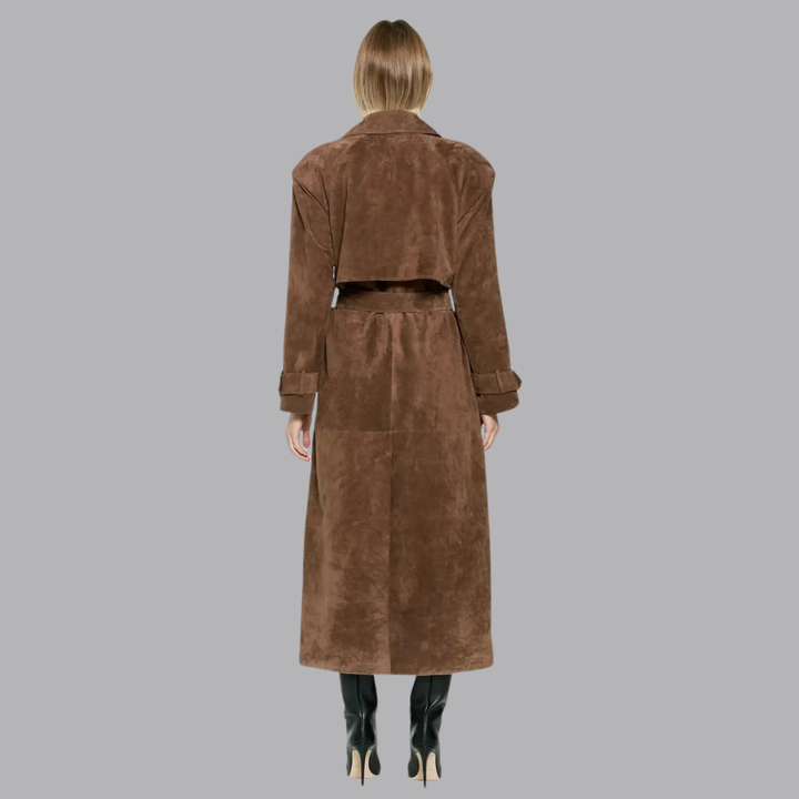 Women’s Suede Trench Coat Double Breasted Belted Longline