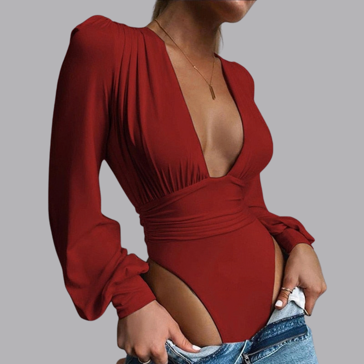 Women’s Deep V Neck Bodysuit Blouse Long Sleeve Ruched Waist