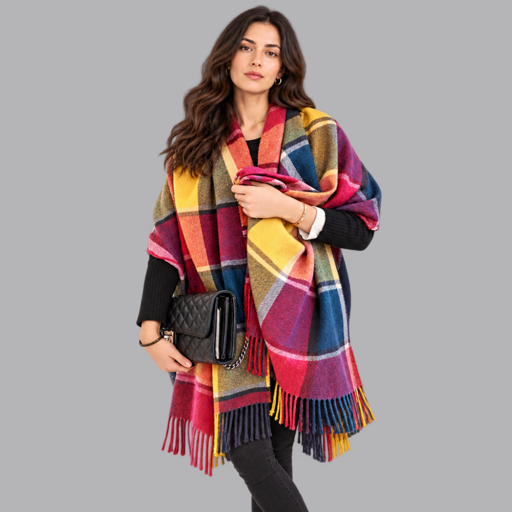 Women’s Checked Blanket Scarf Tassel Fringe Winter Wrap