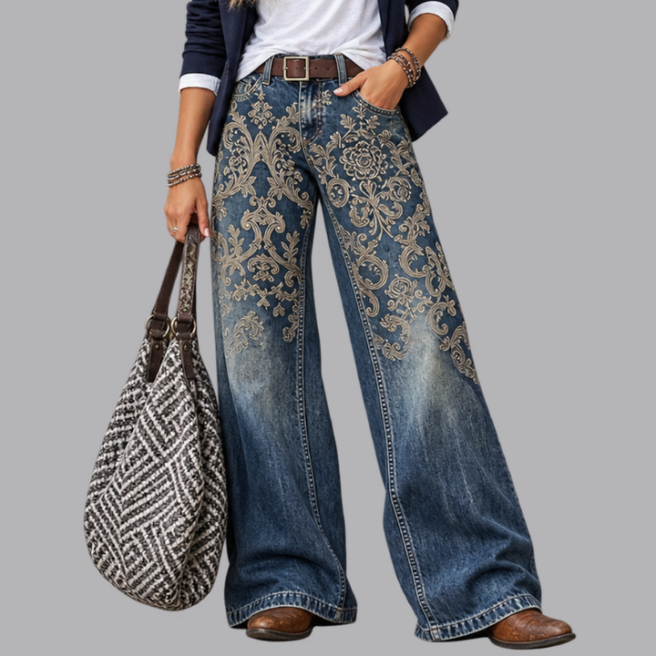 Women’s Printed Wide Leg Jeans High Rise Casual Denim Trousers