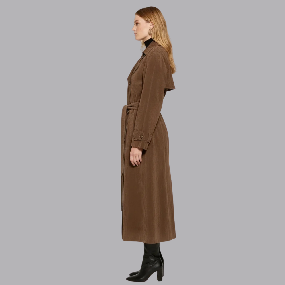 Women’s Suede Trench Coat Double Breasted Belted Longline