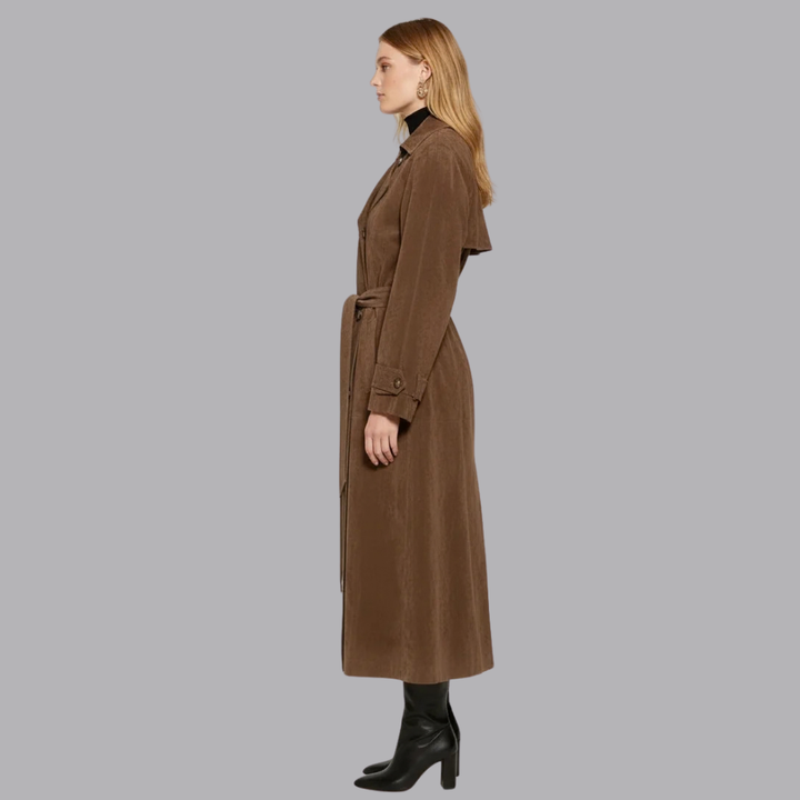 Women’s Suede Trench Coat Double Breasted Belted Longline