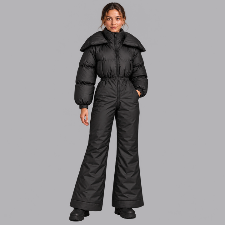 Women’s Padded Ski Jumpsuit Hooded Collar Zip Front Wide Leg