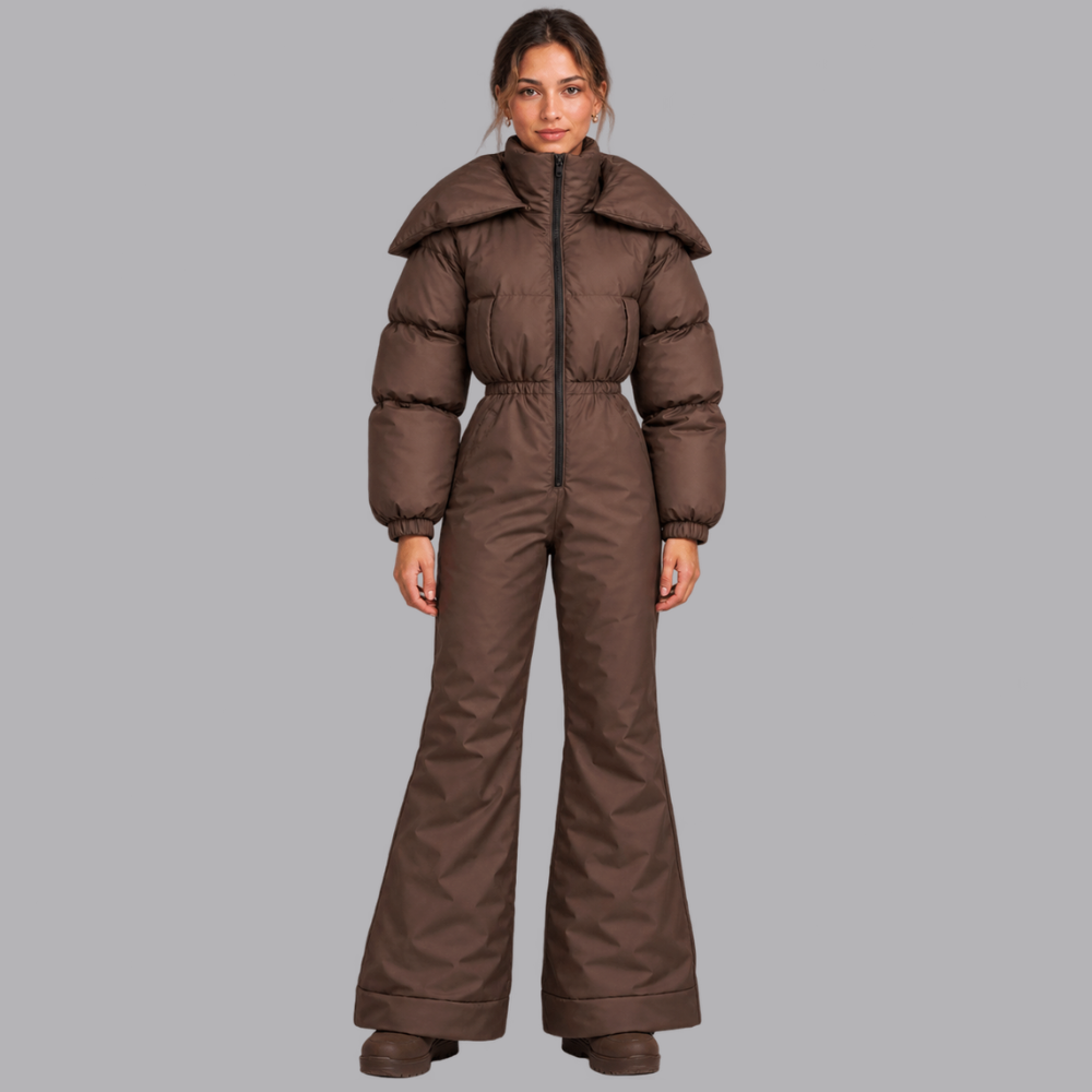 Women’s Padded Ski Jumpsuit Hooded Collar Zip Front Wide Leg