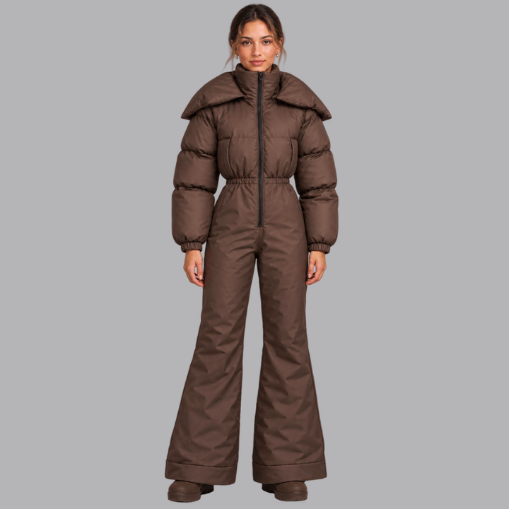 Women’s Padded Ski Jumpsuit Hooded Collar Zip Front Wide Leg