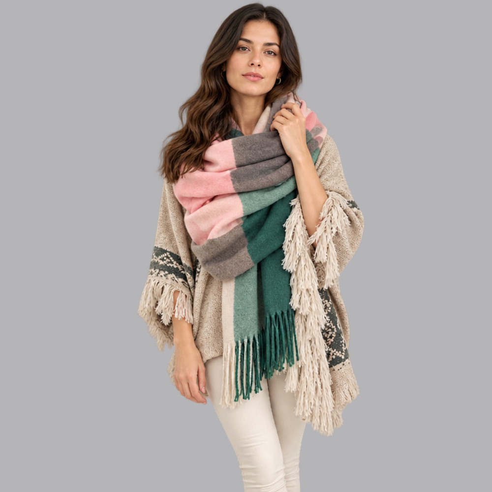 Women’s Checked Blanket Scarf Tassel Fringe Winter Wrap