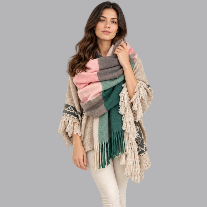 Women’s Checked Blanket Scarf Tassel Fringe Winter Wrap