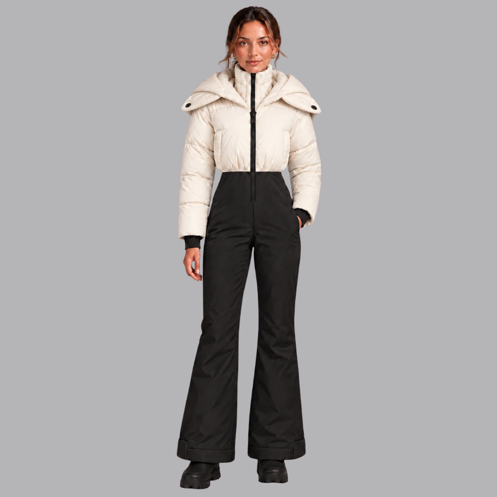 Women’s Padded Ski Jumpsuit Hooded Collar Zip Front Wide Leg