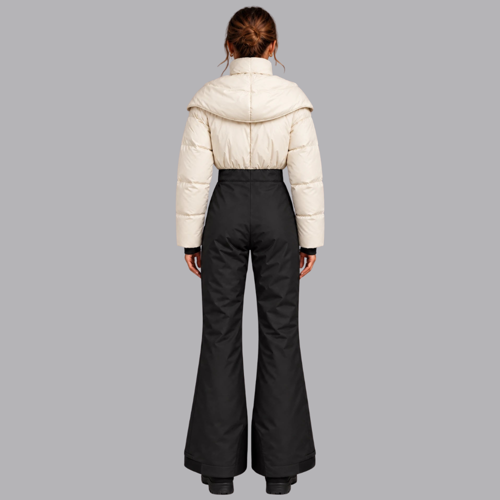 Women’s Padded Ski Jumpsuit Hooded Collar Zip Front Wide Leg