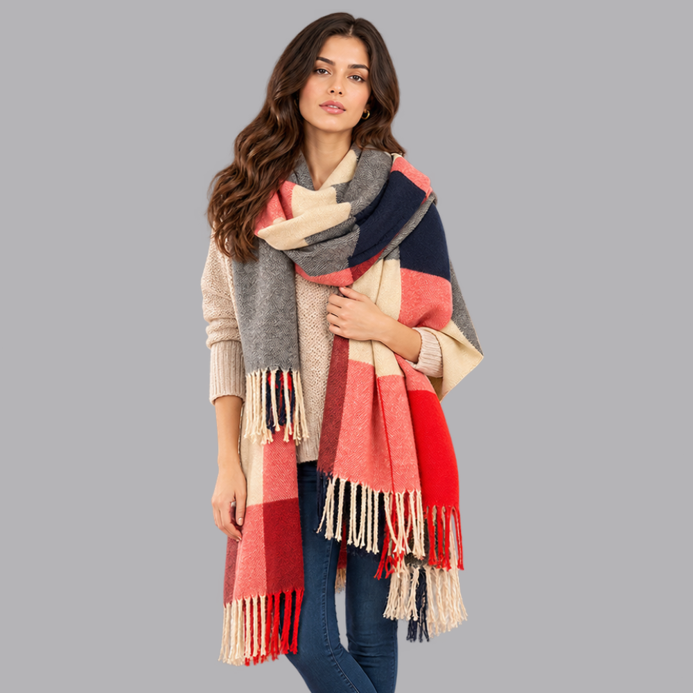 Women’s Checked Blanket Scarf Tassel Fringe Winter Wrap