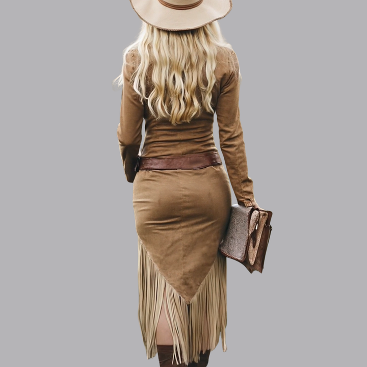 Women’s Suede Fringe Midi Dress Long Sleeve Western Style
