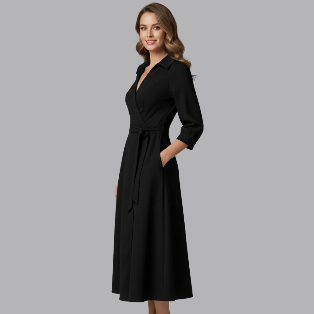 Women’s Long Sleeve Wrap Midi Dress Tie Waist