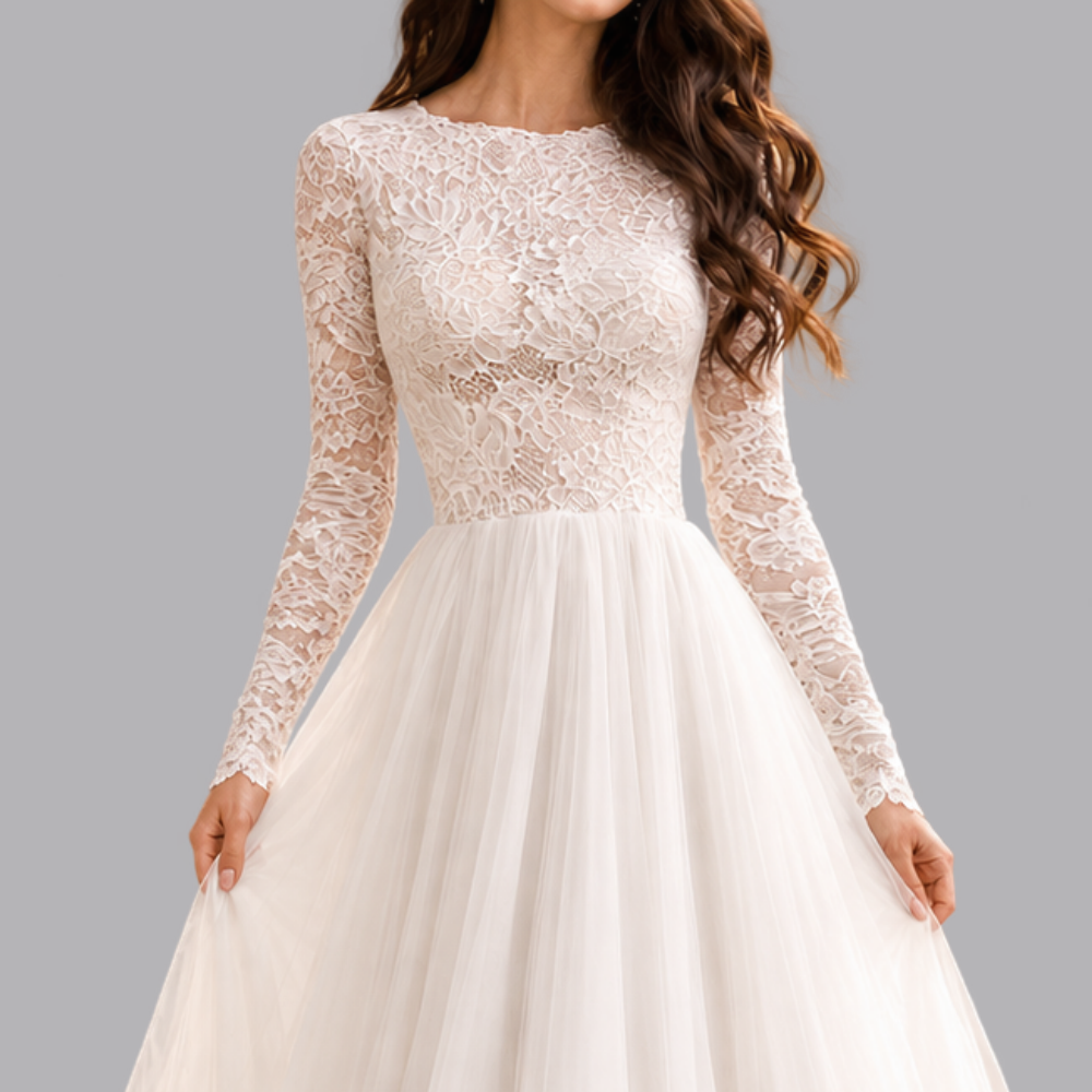 Women’s White Lace Long Sleeve Tulle Wedding Dress