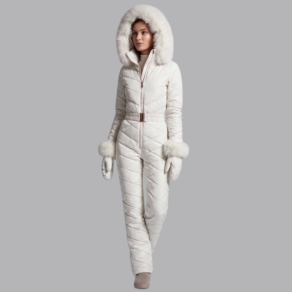 Women’s Quilted Ski Suit Faux Fur Hood Belted One Piece