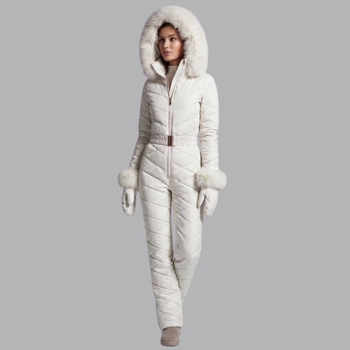 Women’s Quilted Ski Suit Faux Fur Hood Belted One Piece