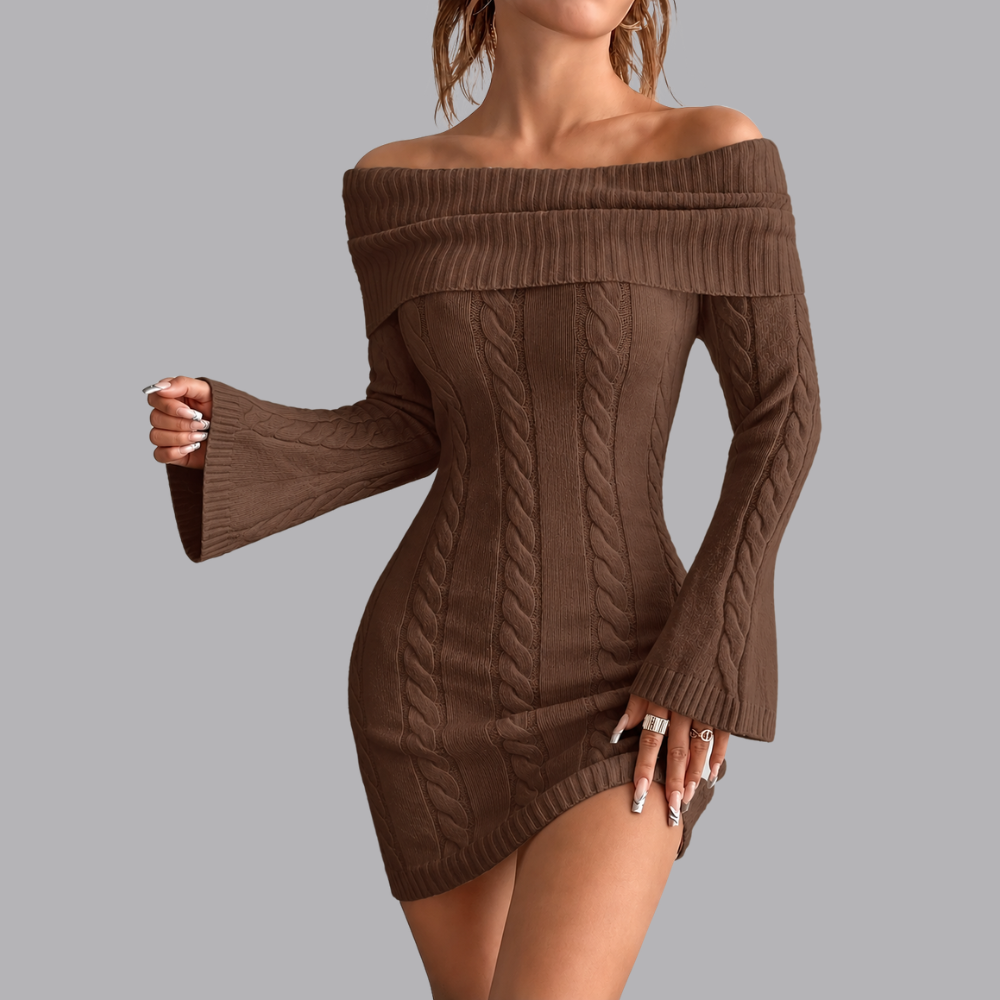Women’s Off Shoulder Sweater Mini Dress Cable Knit Long Sleeve