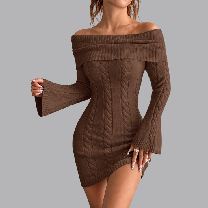 Women’s Off Shoulder Sweater Mini Dress Cable Knit Long Sleeve
