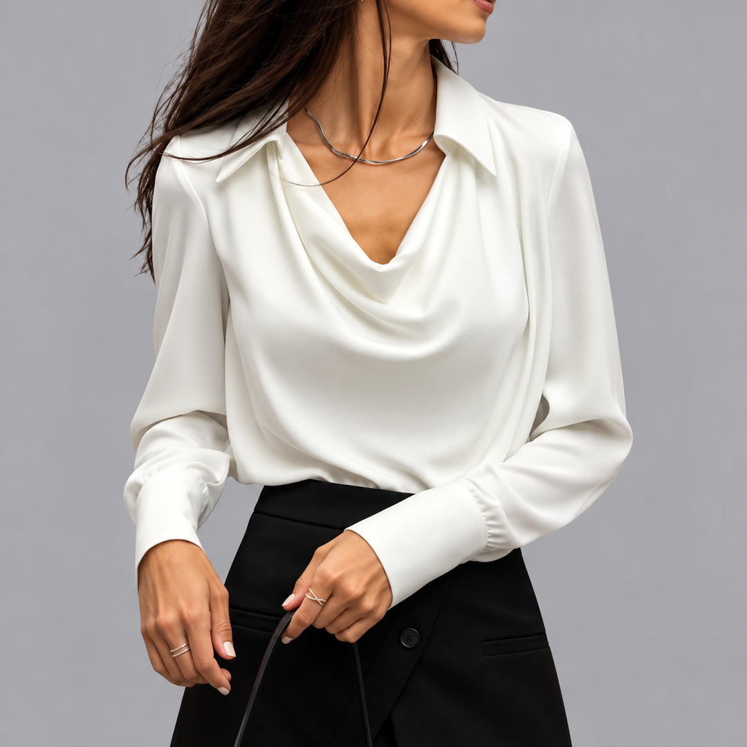 Women’s Satin Blouse Cowl Neck Long Sleeve Elegant Office Top