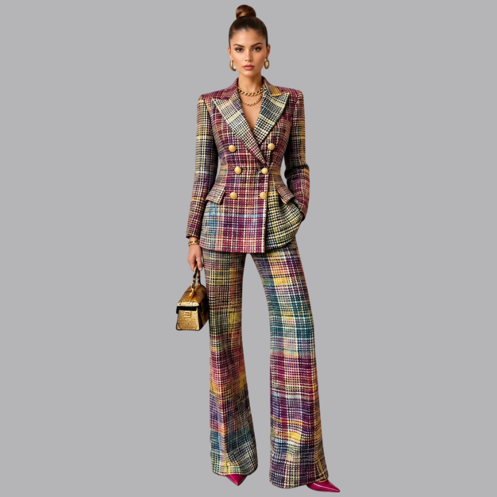 Women’s Multicolour Plaid Tweed Blazer Trousers Two Piece Suit