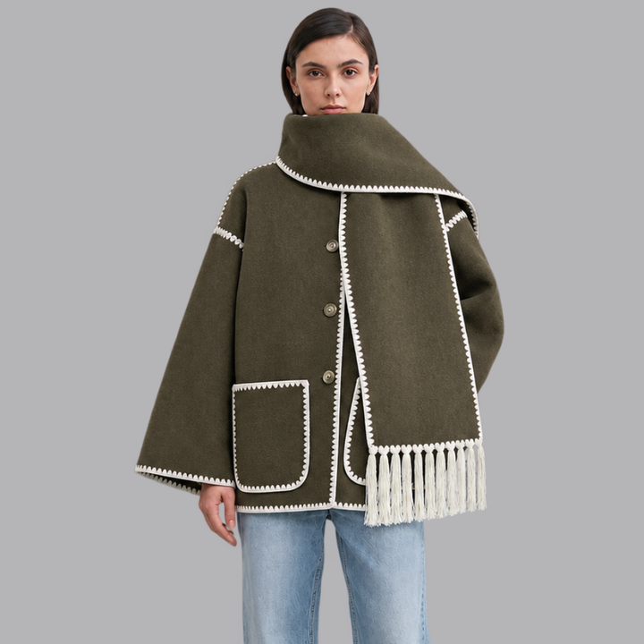 Women’s Oversized Cape Coat Contrast Trim Fringed Scarf