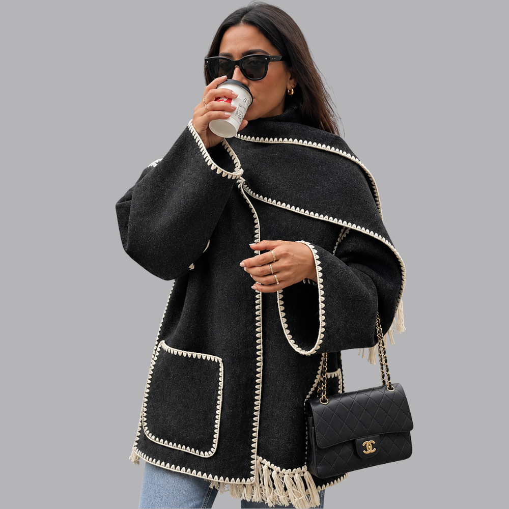 Women’s Oversized Cape Coat Contrast Trim Fringed Scarf
