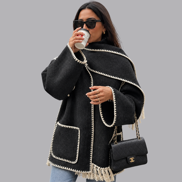 Women’s Oversized Cape Coat Contrast Trim Fringed Scarf