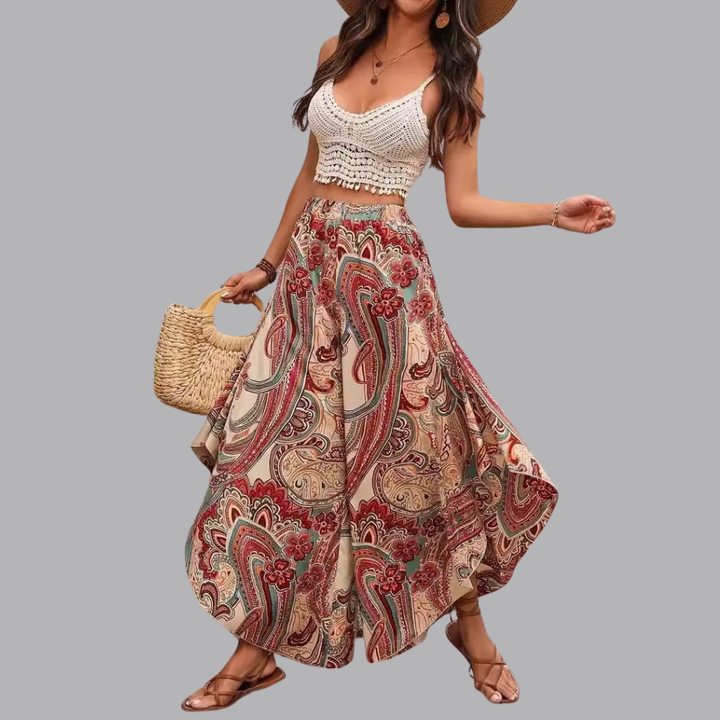 Women’s Paisley Print Wide Leg Trousers High Waist Boho Pants