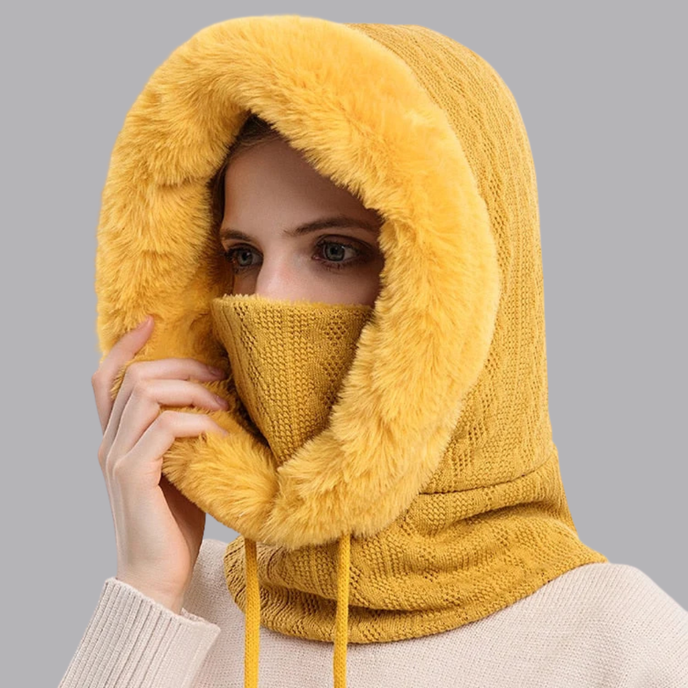 Women’s Knitted Balaclava Hood Scarf Faux Fur Trim Winter Snood